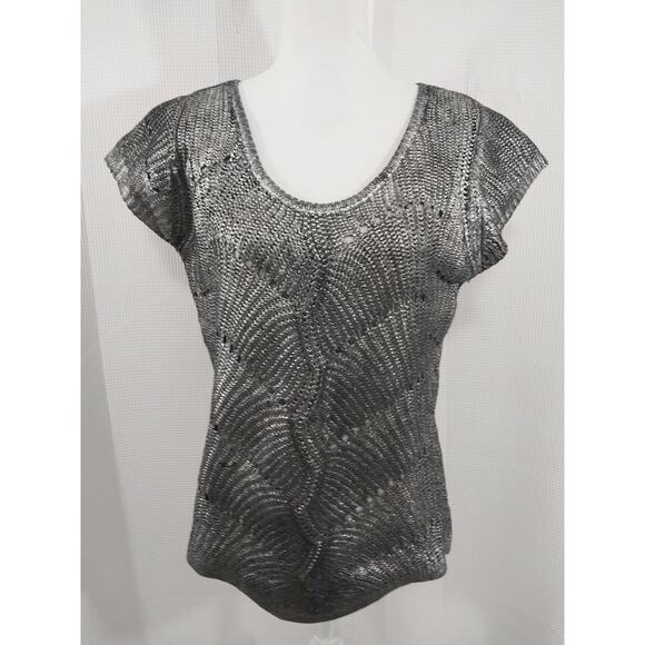 NWOT! WORTHINGTON! SILVER BRUSH PAINTED SHORT SLEEVE BLACK SWEATER/TOP! SZ L - Picture 2 of 8